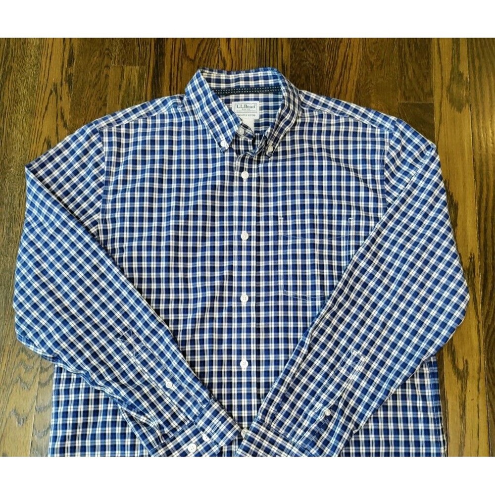 L.L. Bean Button Down Shirt Men's Medium Plaid Blue White Long Sleeve Cotton EUC